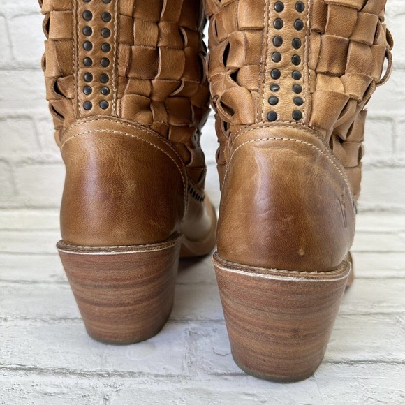 Frye Knee High Boots Light Brown Basket Weave Leather Heels 8 B - Picture 4 of 10